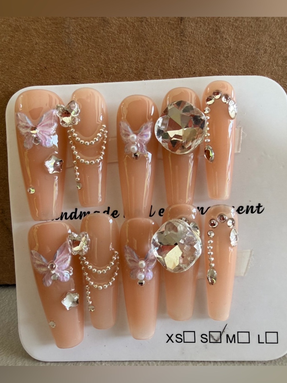 Peach Butterfly Rhinestone Press-On Nail Set-size small